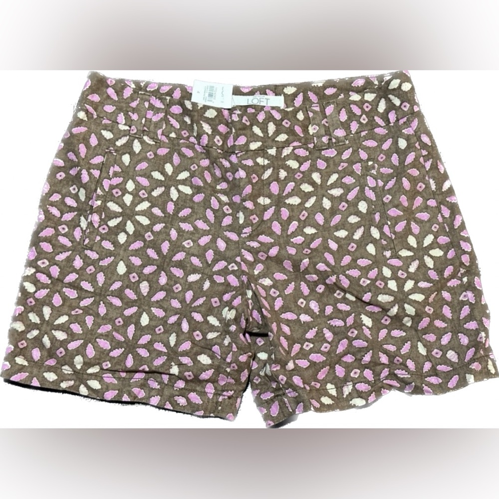 NWT Ann Taylor Loft brown & pink - garden flower party linen shorts 4